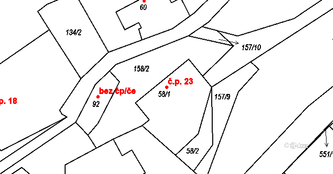 Holušice 23, Kozárovice na parcele st. 58/1 v KÚ Holušice u Kozárovic, Katastrální mapa