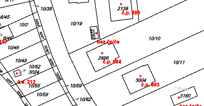 Sezimovo Ústí 884 na parcele st. 2896 v KÚ Sezimovo Ústí, Katastrální mapa
