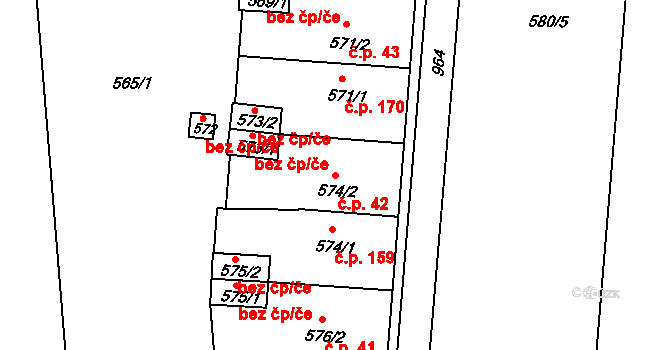 Všetuly 42, Holešov na parcele st. 574/2 v KÚ Všetuly, Katastrální mapa