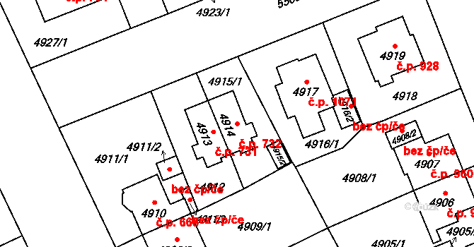 Východní Předměstí 732, Plzeň na parcele st. 4914 v KÚ Plzeň, Katastrální mapa