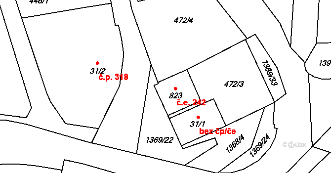 Vranov nad Dyjí 242 na parcele st. 823 v KÚ Vranov nad Dyjí, Katastrální mapa