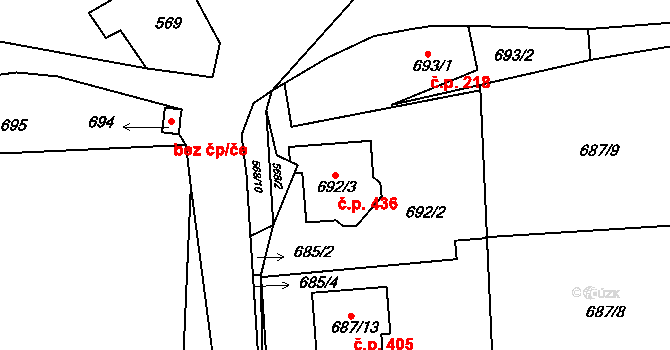 Zádveřice 436, Zádveřice-Raková na parcele st. 692/3 v KÚ Zádveřice, Katastrální mapa