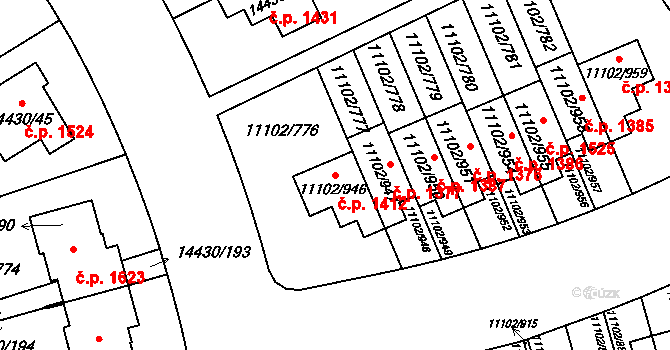 Severní Předměstí 1412, Plzeň na parcele st. 11102/946 v KÚ Plzeň, Katastrální mapa