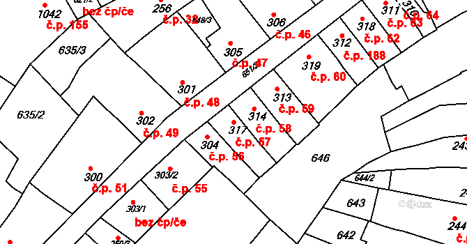 Rybárny 57, Uherské Hradiště na parcele st. 317 v KÚ Uherské Hradiště, Katastrální mapa