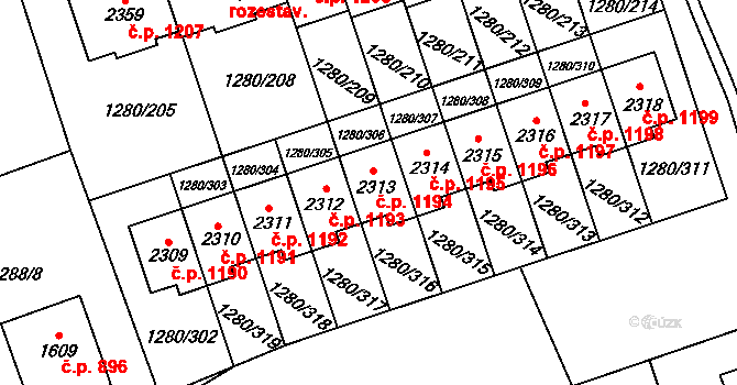 Dobřany 1194 na parcele st. 2313 v KÚ Dobřany, Katastrální mapa