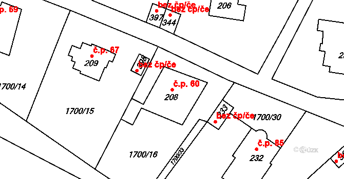 Hvězdonice 60 na parcele st. 208 v KÚ Hvězdonice, Katastrální mapa