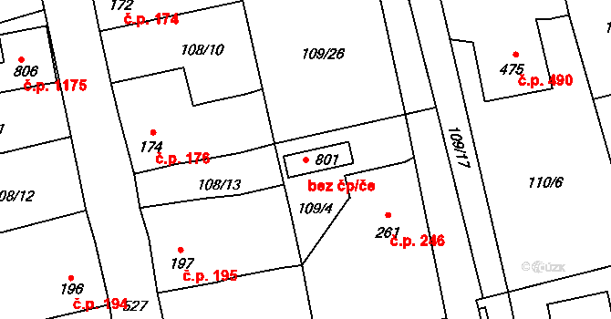 Rudná 39606546 na parcele st. 801 v KÚ Dušníky u Rudné, Katastrální mapa