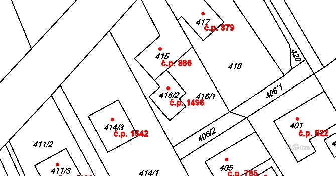 Bystřice 1496 na parcele st. 416/2 v KÚ Bystřice nad Olší, Katastrální mapa