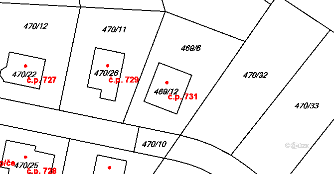 Srubec 731 na parcele st. 469/12 v KÚ Srubec, Katastrální mapa