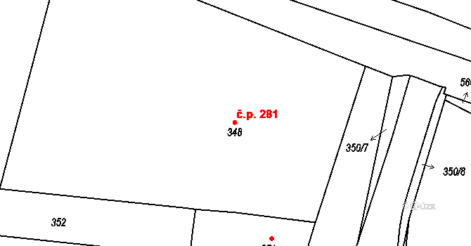 Hrušky 281 na parcele st. 348 v KÚ Hrušky u Brna, Katastrální mapa