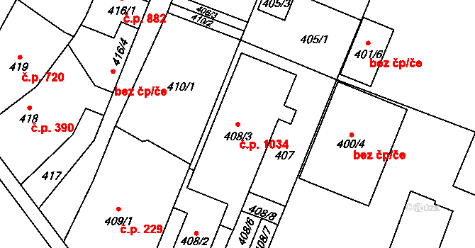 Holice 1034 na parcele st. 408/3 v KÚ Holice v Čechách, Katastrální mapa