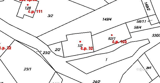 Kuničky 32 na parcele st. 1/2 v KÚ Kuničky, Katastrální mapa