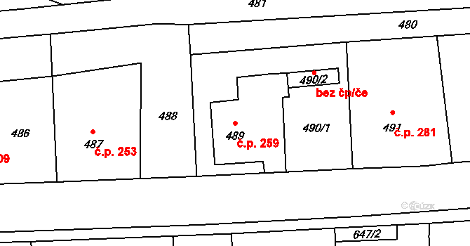 Postřelmov 259 na parcele st. 489 v KÚ Postřelmov, Katastrální mapa