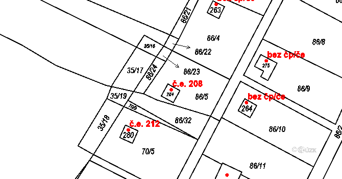 Komařice 208 na parcele st. 284 v KÚ Komařice, Katastrální mapa