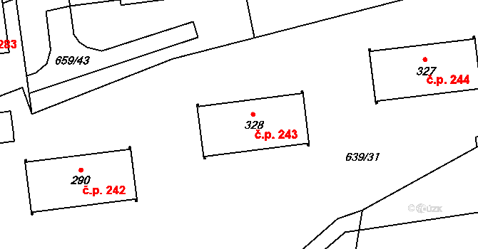 Husinec 243 na parcele st. 328 v KÚ Husinec, Katastrální mapa