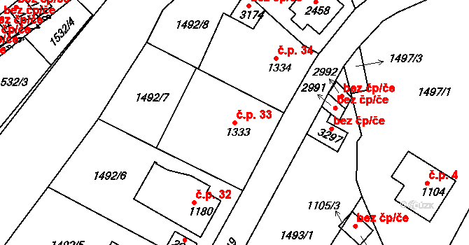 Nádražní Předměstí 33, Český Krumlov na parcele st. 1333 v KÚ Český Krumlov, Katastrální mapa