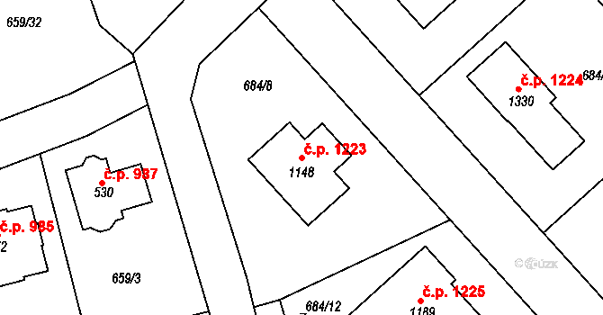 Hlubočinka 1223, Sulice na parcele st. 1148 v KÚ Sulice, Katastrální mapa