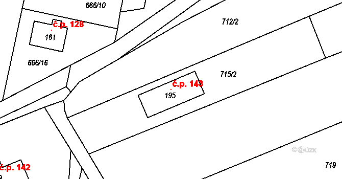 Skoky 143, Dolní Újezd na parcele st. 195 v KÚ Skoky u Staměřic, Katastrální mapa