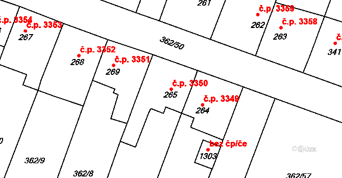 Jihlava 3350 na parcele st. 265 v KÚ Bedřichov u Jihlavy, Katastrální mapa