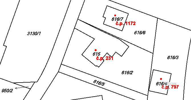 Lyžbice 231, Třinec na parcele st. 615 v KÚ Lyžbice, Katastrální mapa