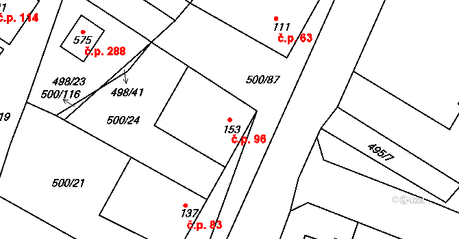 Sedlčánky 96, Čelákovice na parcele st. 153 v KÚ Sedlčánky, Katastrální mapa