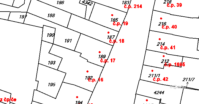 Čelákovice 17 na parcele st. 189 v KÚ Čelákovice, Katastrální mapa
