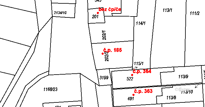 Žeravice 185 na parcele st. 202/2 v KÚ Žeravice u Kyjova, Katastrální mapa