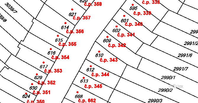 Kyjov 343 na parcele st. 610 v KÚ Kyjov, Katastrální mapa