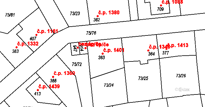 Švermov 1401, Kladno na parcele st. 363 v KÚ Hnidousy, Katastrální mapa
