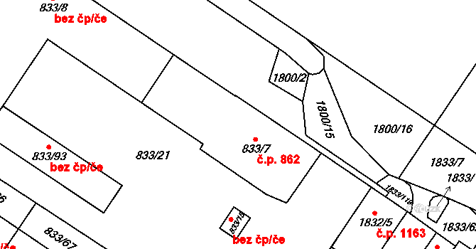 Kosmonosy 862 na parcele st. 833/7 v KÚ Kosmonosy, Katastrální mapa