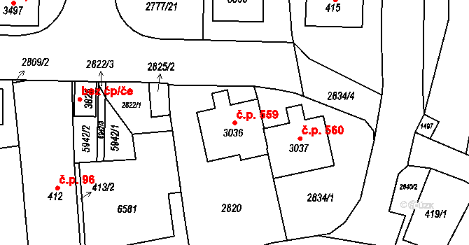 Dolní Předměstí 559, Polička na parcele st. 3036 v KÚ Polička, Katastrální mapa