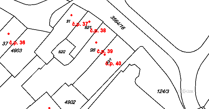 Rožnov pod Radhoštěm 40 na parcele st. 93/1 v KÚ Rožnov pod Radhoštěm, Katastrální mapa