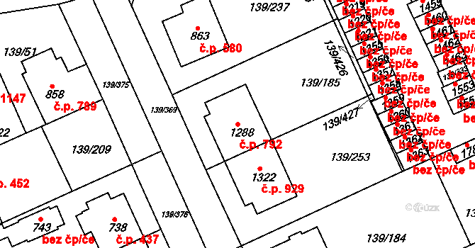 Podklášteří 792, Třebíč na parcele st. 1288 v KÚ Podklášteří, Katastrální mapa