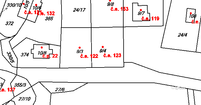 Cetnov 123, Cheb na parcele st. 9/4 v KÚ Cetnov, Katastrální mapa