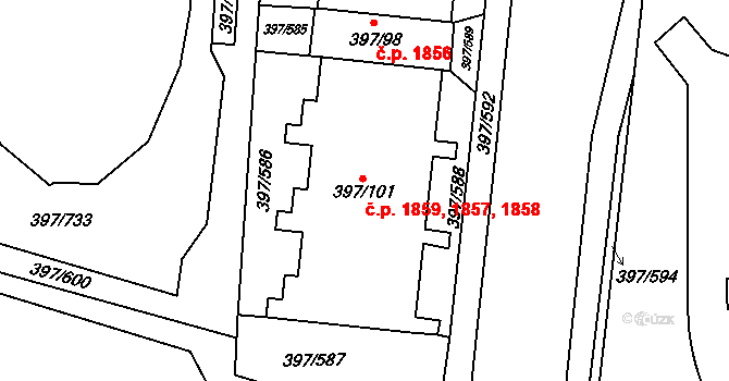 Chodov 1857,1858,1859, Praha na parcele st. 397/101 v KÚ Chodov, Katastrální mapa