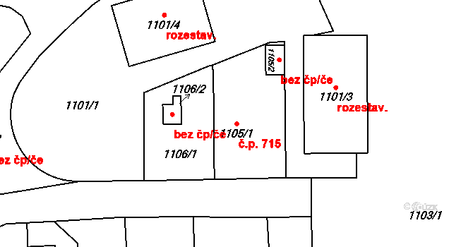 Ruzyně 715, Praha na parcele st. 1105/1 v KÚ Ruzyně, Katastrální mapa