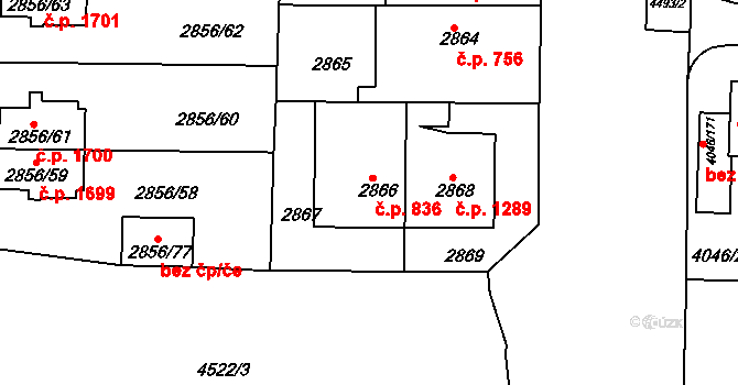 Strašnice 836, Praha na parcele st. 2866 v KÚ Strašnice, Katastrální mapa