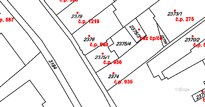 Chomutov 936 na parcele st. 2375/1 v KÚ Chomutov I, Katastrální mapa