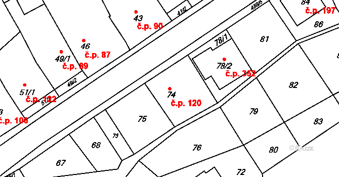 Kanice 120 na parcele st. 74 v KÚ Kanice, Katastrální mapa