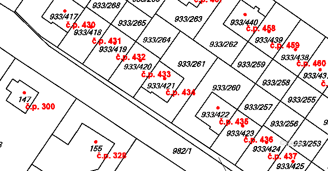 Satalice 434, Praha na parcele st. 933/421 v KÚ Satalice, Katastrální mapa