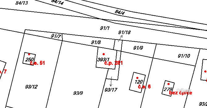 Chotoviny 281 na parcele st. 393/1 v KÚ Chotoviny, Katastrální mapa
