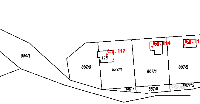 Hatín 117 na parcele st. 128 v KÚ Hatín, Katastrální mapa