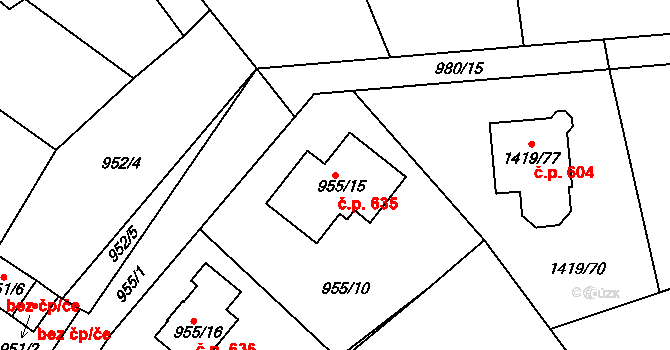 Proboštov 635 na parcele st. 955/15 v KÚ Proboštov u Teplic, Katastrální mapa