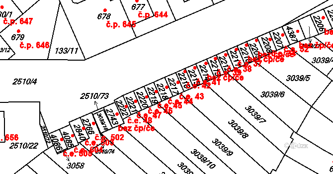 Kyjov 44 na parcele st. 2218 v KÚ Kyjov, Katastrální mapa