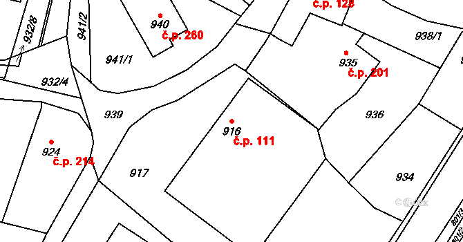 Hvozdná 111 na parcele st. 916 v KÚ Hvozdná, Katastrální mapa