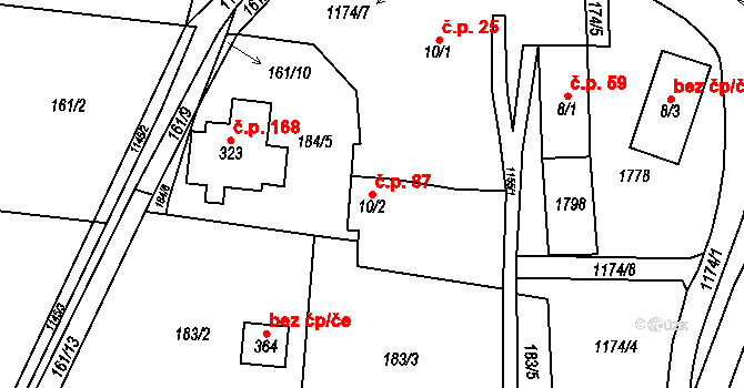 Vlčková 87 na parcele st. 10/2 v KÚ Vlčková, Katastrální mapa