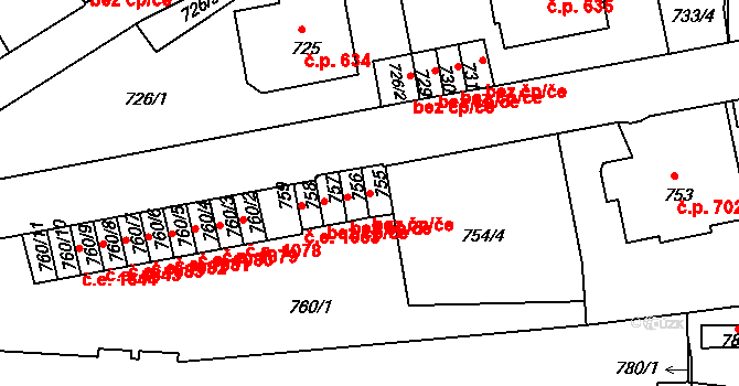 Děčín 47228547 na parcele st. 755 v KÚ Podmokly, Katastrální mapa