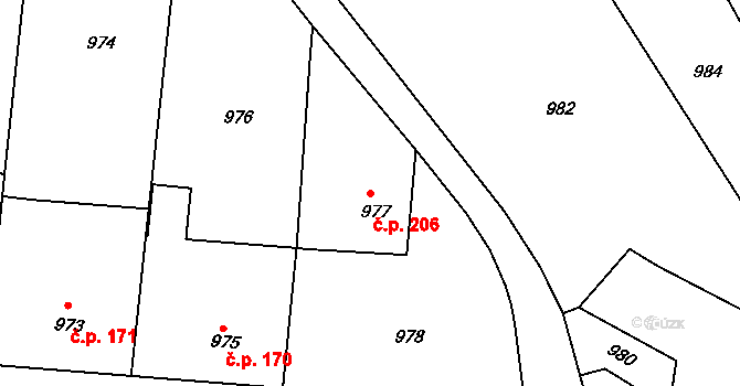 Pustiměřské Prusy 206, Pustiměř na parcele st. 977 v KÚ Pustiměř, Katastrální mapa