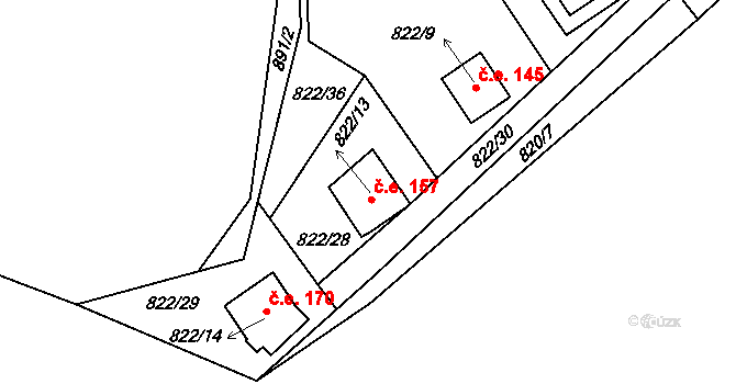 Mříč 157, Křemže na parcele st. 822/13 v KÚ Křemže, Katastrální mapa