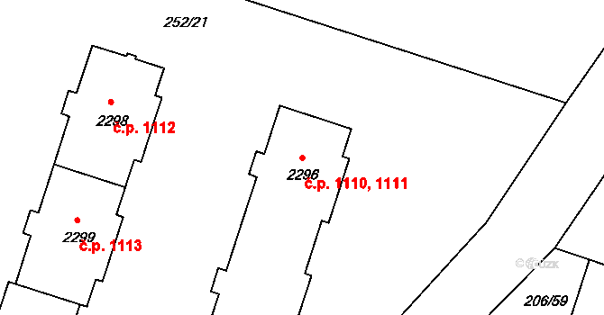 Přeštice 1110,1111 na parcele st. 2296 v KÚ Přeštice, Katastrální mapa